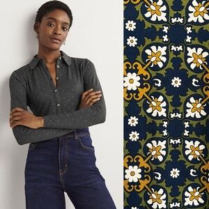 BOGO! Boden Fitted Jersey Button Front Shirt Tile Mosaic Print Navy Size 14